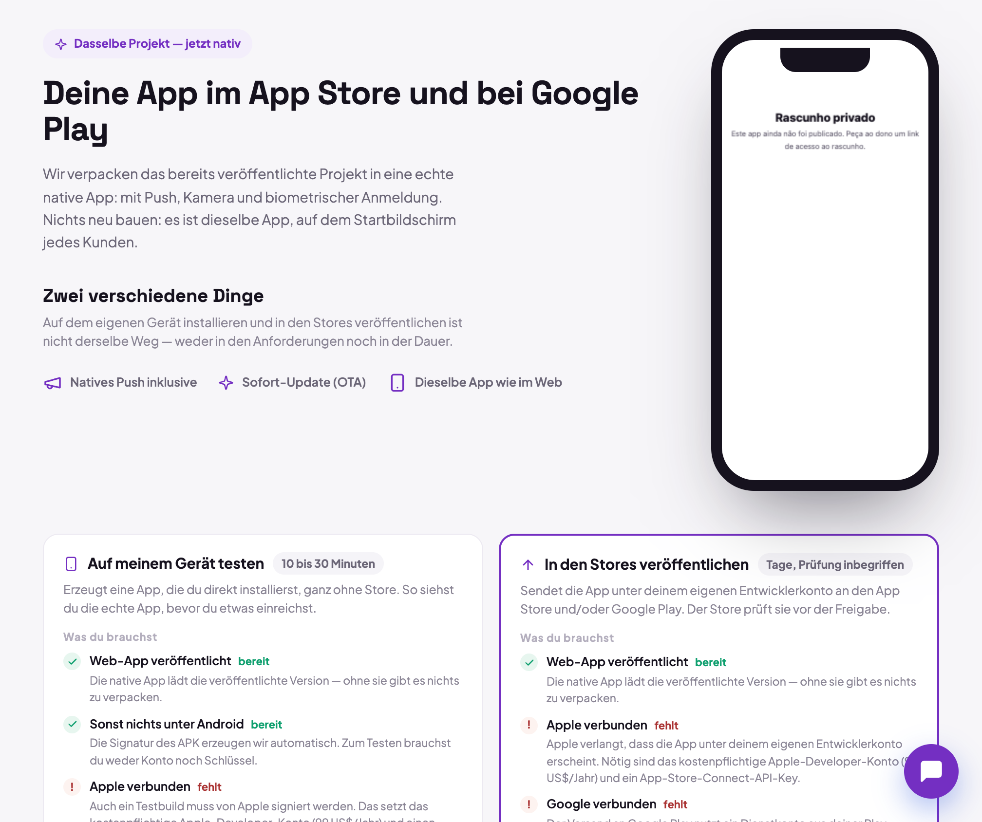 Der Tab App im Editor, mit der Aufforderung, das Projekt in eine native App zu verwandeln, und den zwei möglichen Wegen: ein Test-Build für das Gerät oder die Veröffentlichung in den Stores.