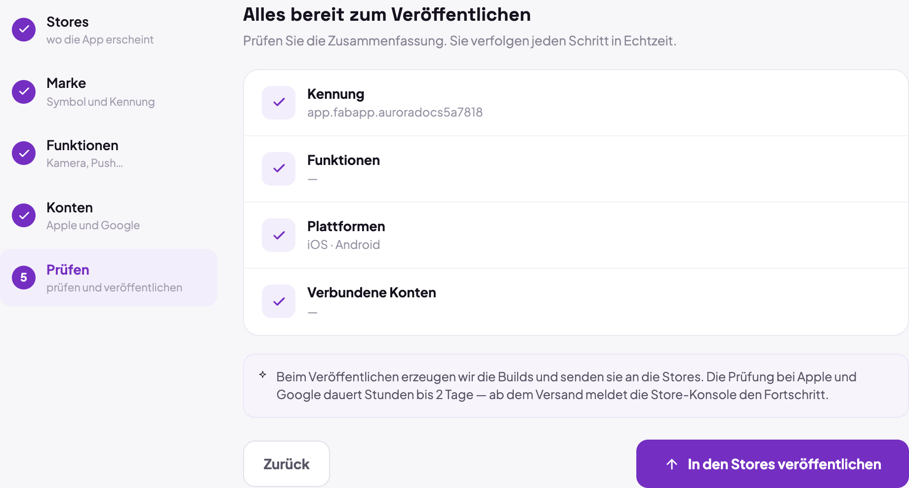 Der Schritt Prüfen im Assistenten, mit der Zusammenfassung von Kennung, aktivierten Funktionen, gewählten Stores und verbundenen Konten, über dem Knopf, der in den Stores veröffentlicht.