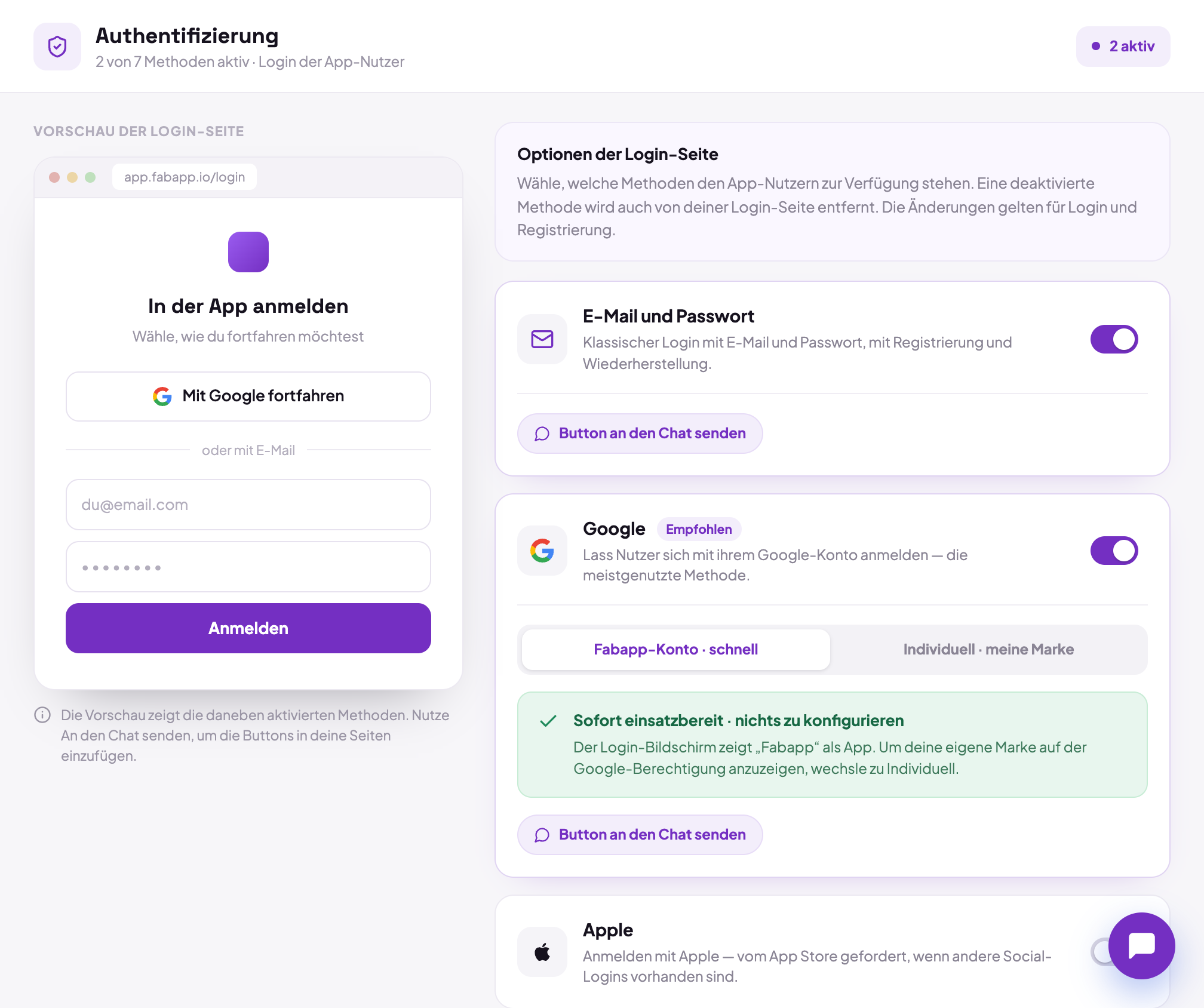 Der Tab Authentifizierung im Editor, mit der Option E-Mail und Passwort und den Social-Login-Anbietern.