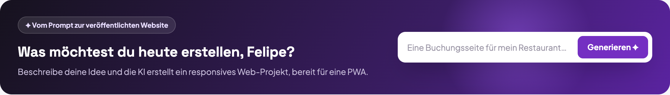 Das Panel Meine Projekte: oben das Textfeld, das fragt, was Sie bauen wollen, darunter das Raster der Projekte, die das Konto schon hat.