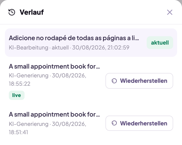 Das Verlauf-Blatt über dem Assistenten, mit den gespeicherten Versionen der App, ihrem Datum und einem Wiederherstellen-Knopf je Zeile.