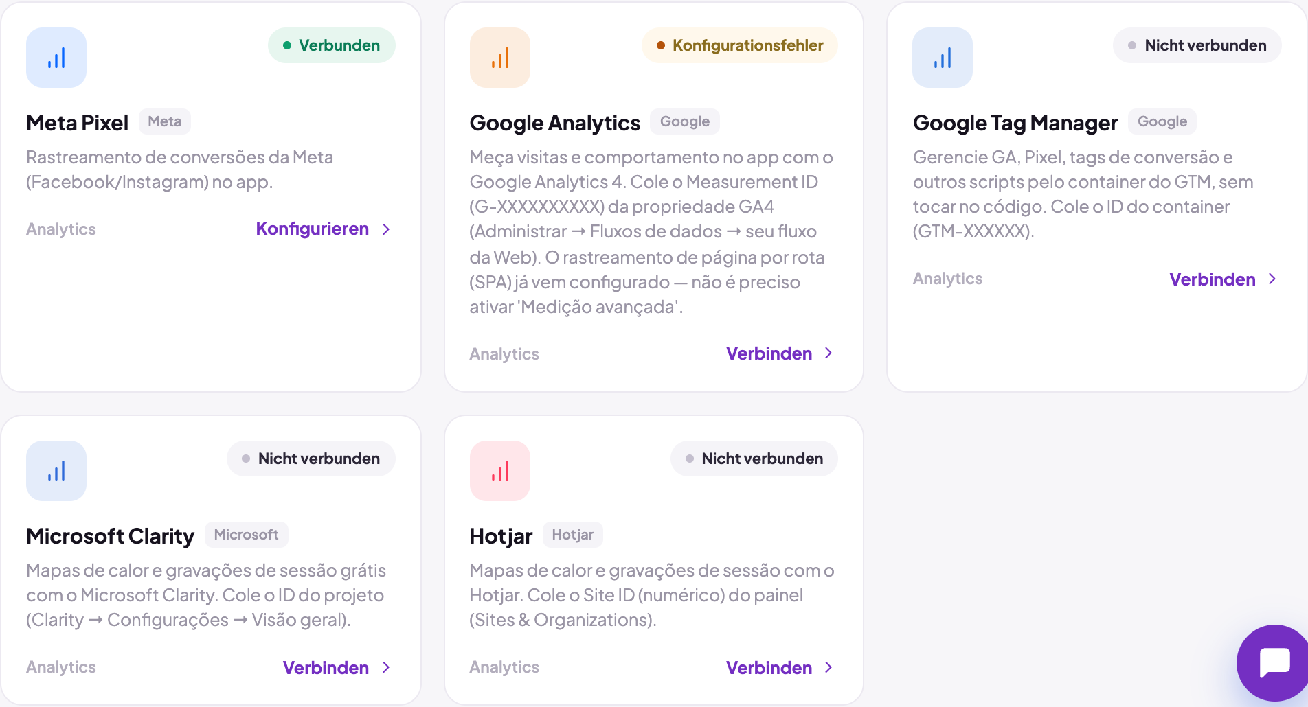 Integrationskarten in der Kategorie Analytics: Meta Pixel mit dem grünen Abzeichen Verbunden und Google Analytics mit dem orangen Abzeichen Konfigurationsfehler, gespeichert, aber mit abgelehnter ID.