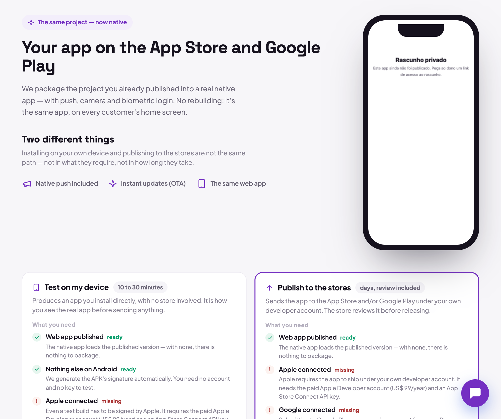 The editor's Mobile app tab, with the call to turn the project into a native app and the two possible paths: a test build to install on a device, or publishing to the stores.