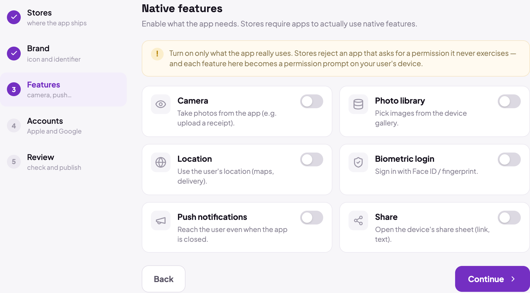 The wizard's Features step, listing camera, photos, location, biometrics, push and share, each with a line explaining what it is for.