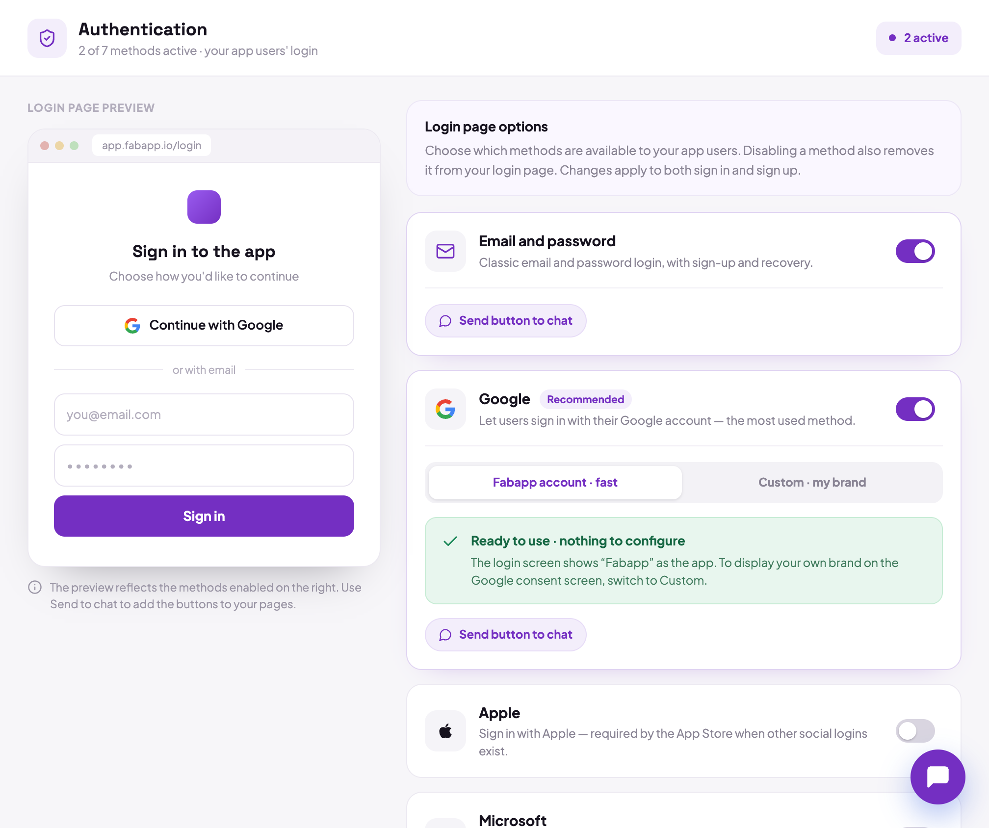 The editor's Authentication tab, with the email-and-password option and the social login providers.