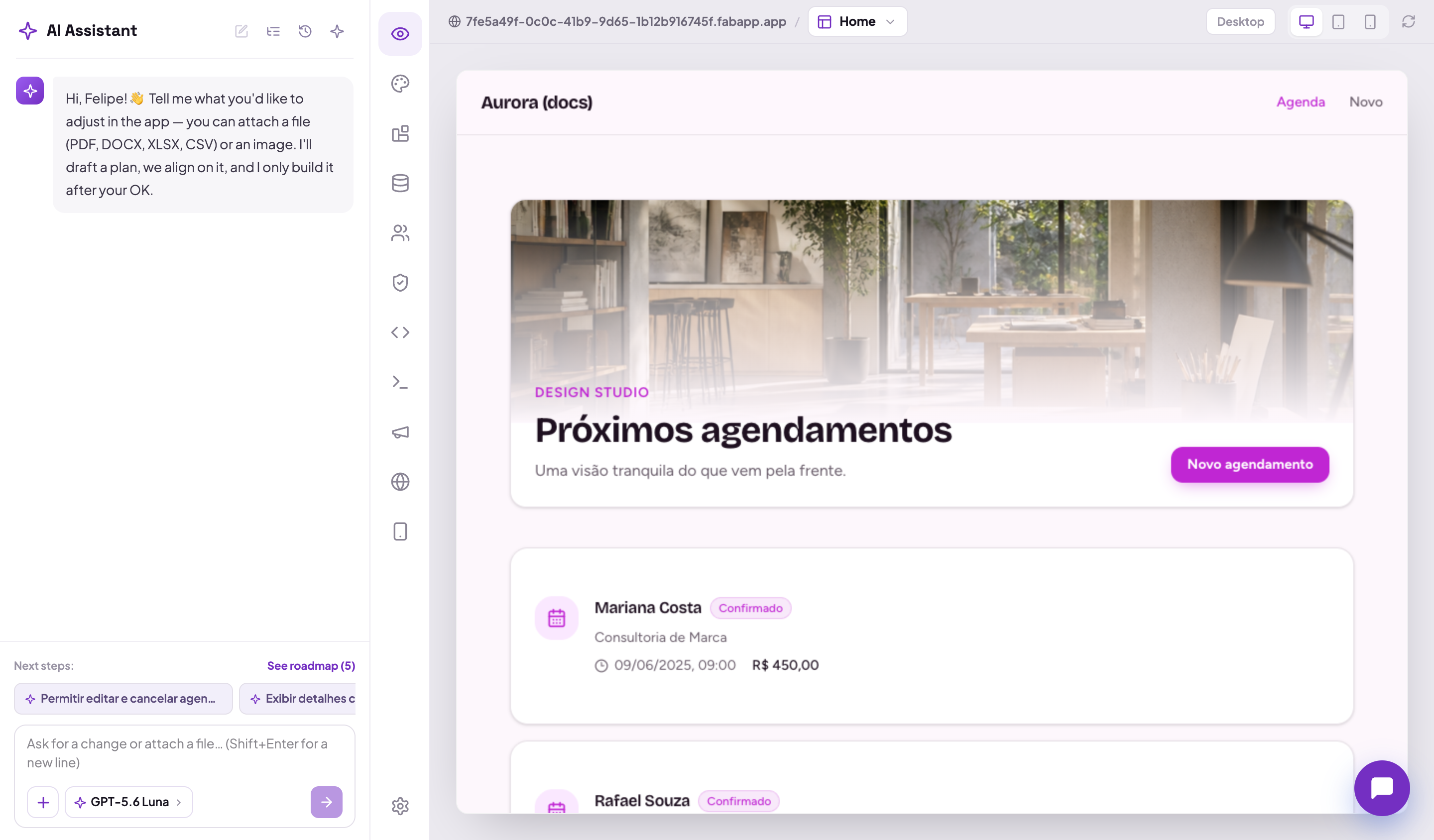 The whole editor: the icon column on the left, the AI assistant in the middle and the stage with the app preview on the right.