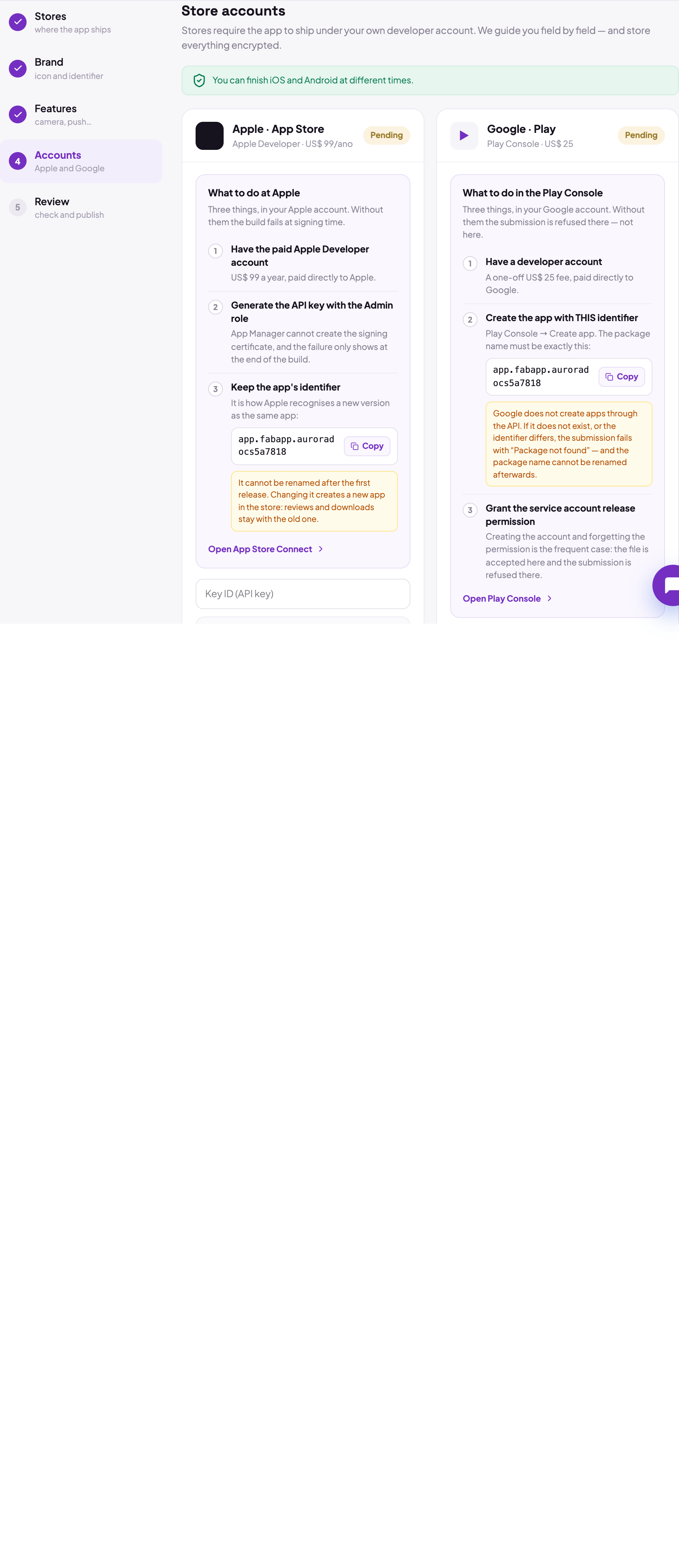 The wizard's Accounts step, listing what has to be done in the Play Console and at Apple before submitting, and the fields for the App Store Connect key and the Google service account.