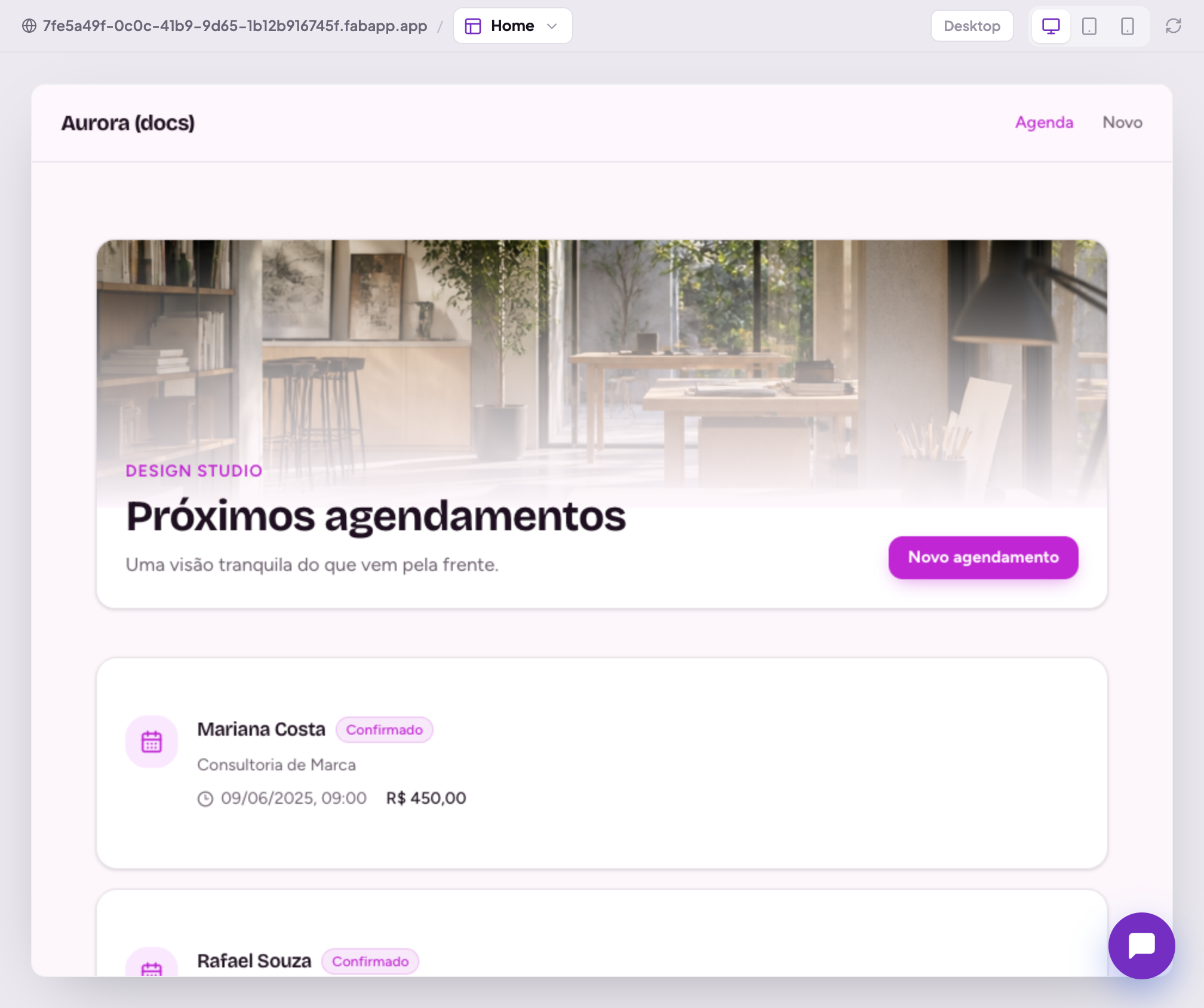 The editor's stage with the app preview running: the AI-generated screens appear as a visitor will see them, with the desktop, tablet and phone selector above.