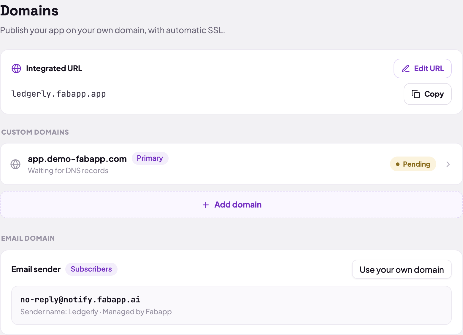 The editor's Domains tab: at the top the platform subdomain with the "Edit URL" button, and below it the CUSTOM DOMAINS block with the list of domains and the "Add domain" button.