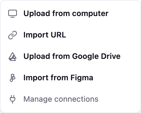 The attachment menu open in the chat, with the available sources: the computer, a web address, Google Drive and Figma.