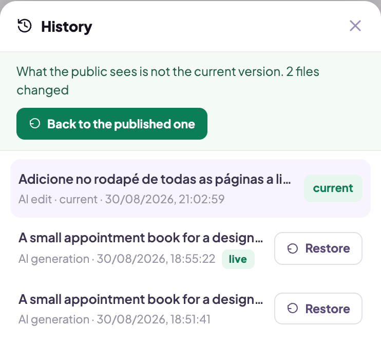 The History sheet open over the assistant, listing the app's saved versions with their date and a Restore button on each.