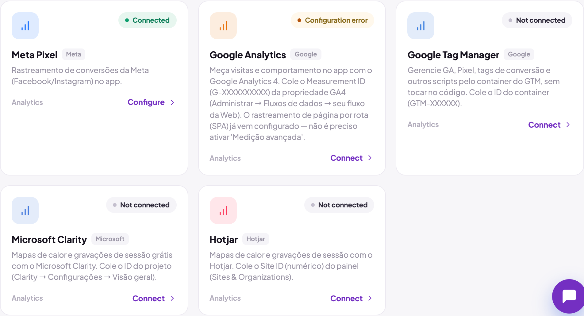 Integration cards in the Analytics category: Meta Pixel with the green Connected badge and Google Analytics with the orange Configuration error badge, saved but with the ID refused.