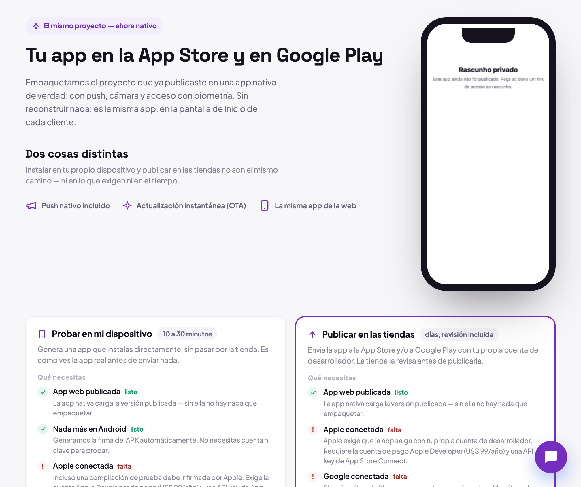 La pestaña Aplicación del editor, con la llamada para convertir el proyecto en app nativa y los dos caminos posibles: un build de prueba para instalar en el aparato o publicar en las tiendas.