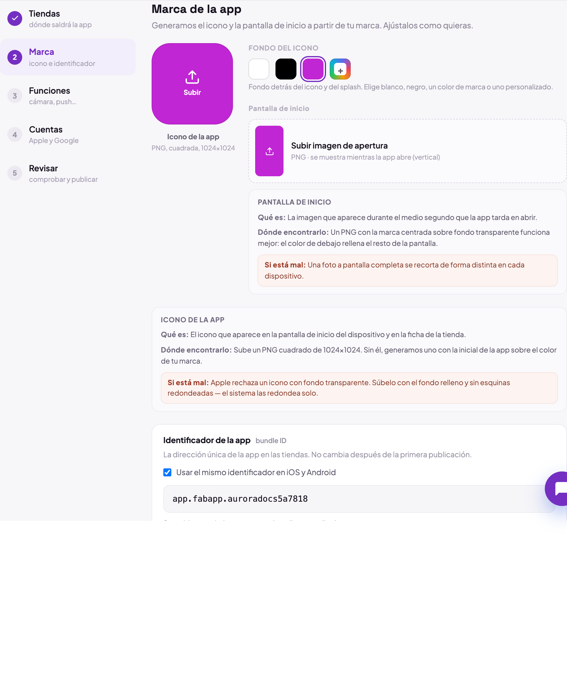 El paso Marca del asistente, con el icono de la app, el color de fondo y el identificador sugerido, junto a la columna que numera los cinco pasos de la configuración.