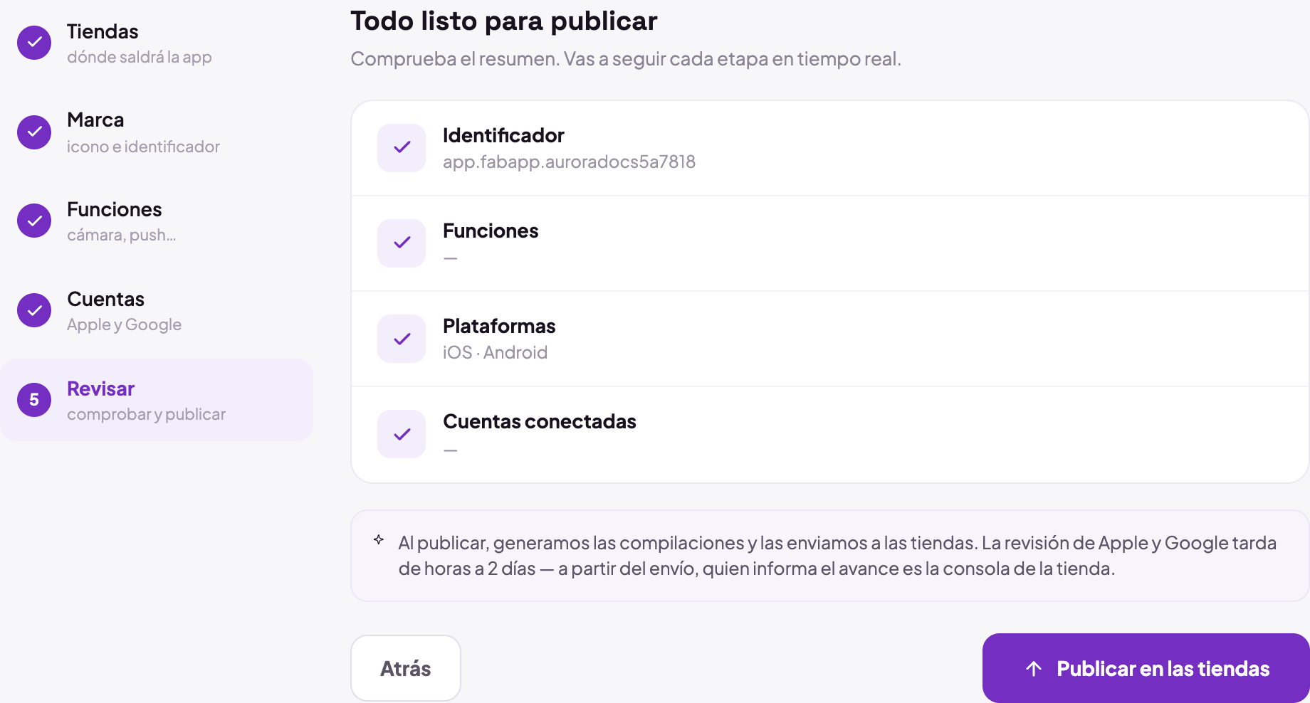 El paso Revisar del asistente, con el resumen del identificador, las funciones activadas, las tiendas elegidas y las cuentas conectadas, encima del botón que publica en las tiendas.