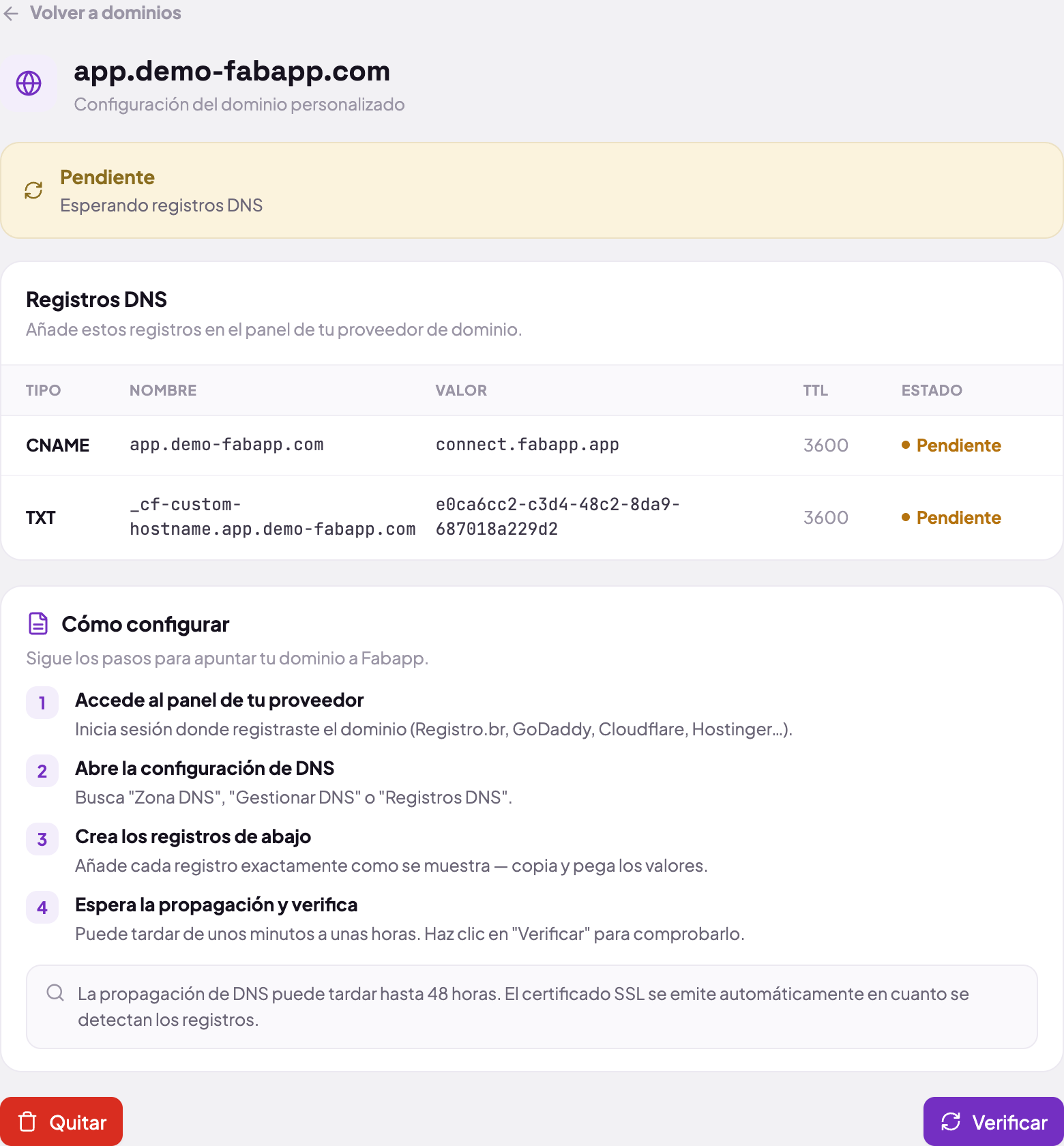 La pantalla del dominio: arriba el aviso amarillo "Pendiente / Esperando registros DNS" y, debajo, la tabla "Registros DNS" con dos filas, un CNAME que apunta el dominio a la dirección de la plataforma y un TXT de verificación de propiedad, cada uno con TTL 3600 y estado Pendiente.