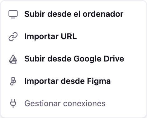 El menú de adjuntos abierto en el chat, con los orígenes disponibles: el ordenador, una dirección web, Google Drive y Figma.