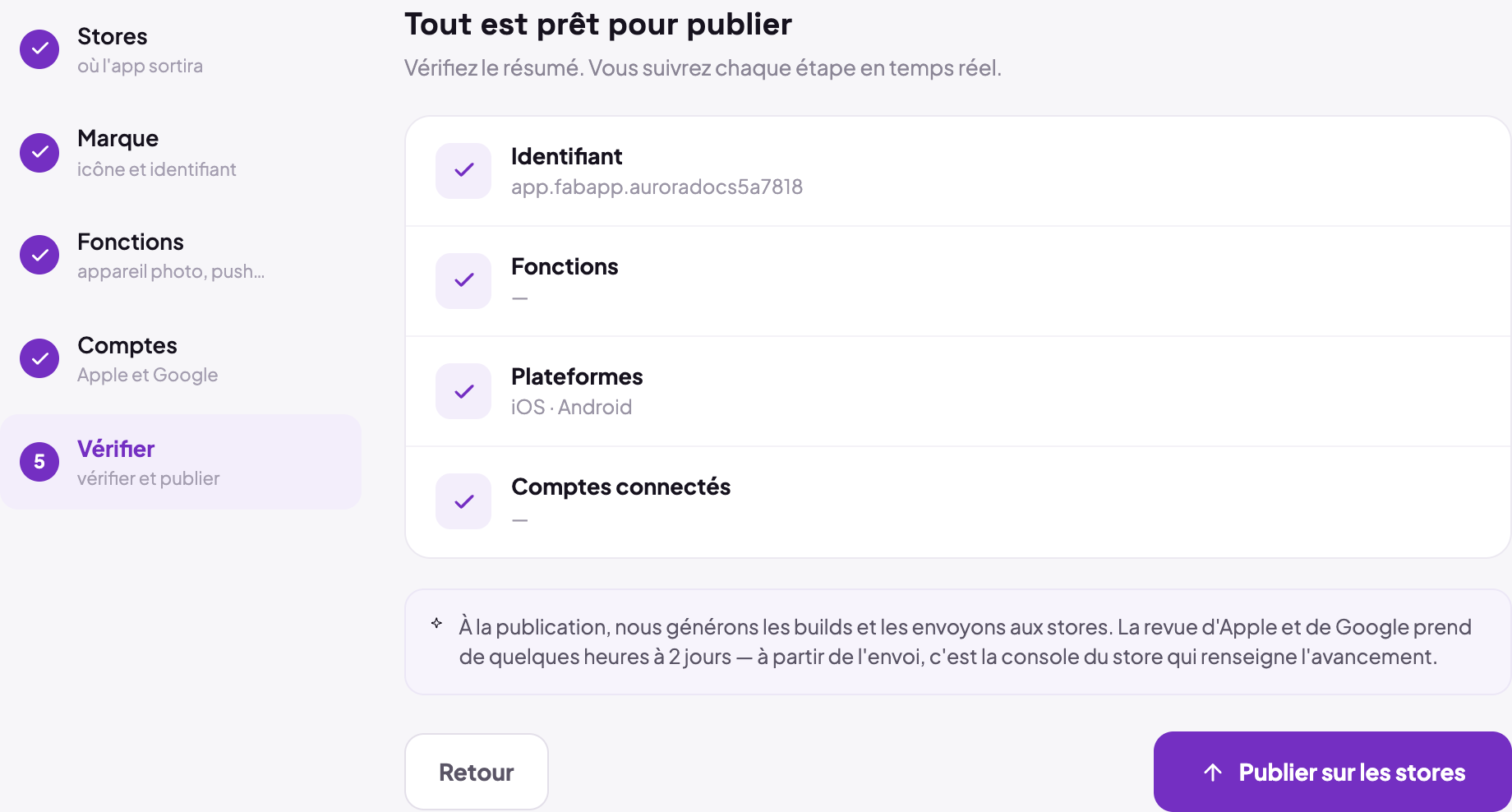 L’étape Vérifier de l’assistant, avec le résumé de l’identifiant, des fonctions activées, des stores choisis et des comptes connectés, au-dessus du bouton qui publie sur les stores.