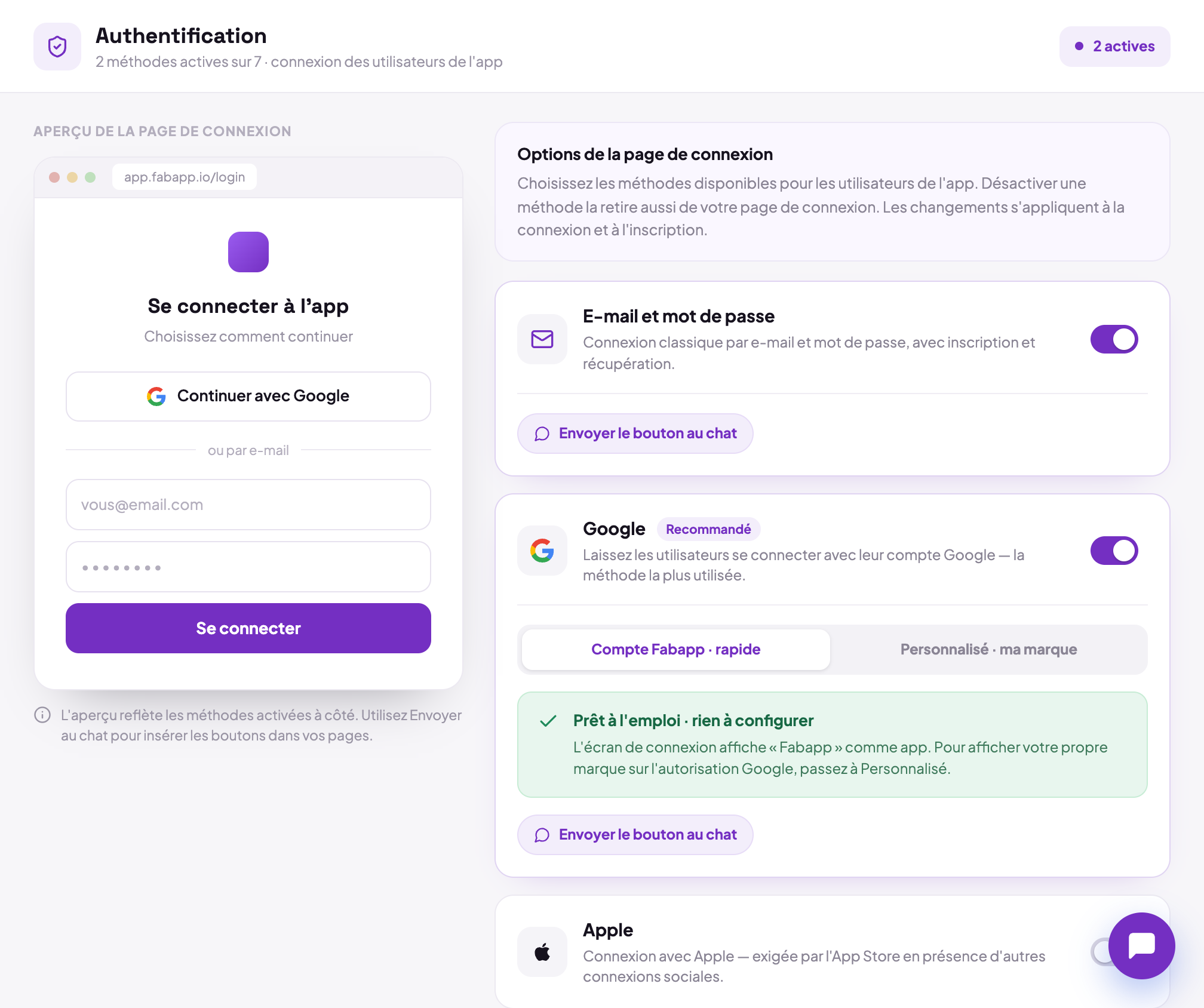 L’onglet Authentification de l’éditeur, avec l’option e-mail et mot de passe et les fournisseurs de connexion sociale.