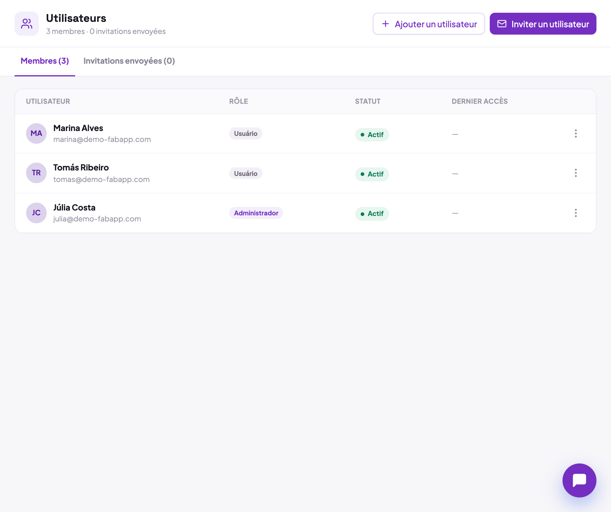 L’onglet Utilisateurs de l’éditeur, avec la liste des personnes inscrites dans l’app : nom, e-mail, rôle et dernière connexion.