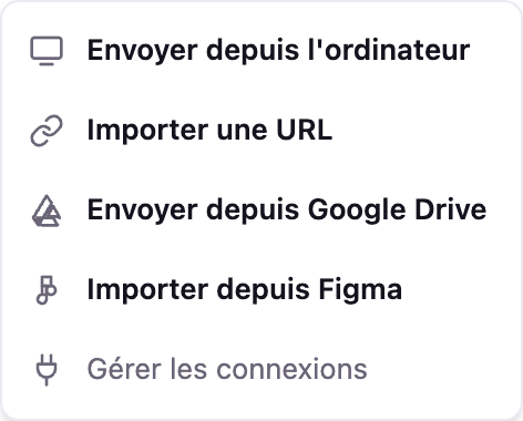 Le menu de pièce jointe ouvert dans le chat, avec les sources disponibles : l’ordinateur, une adresse web, Google Drive et Figma.