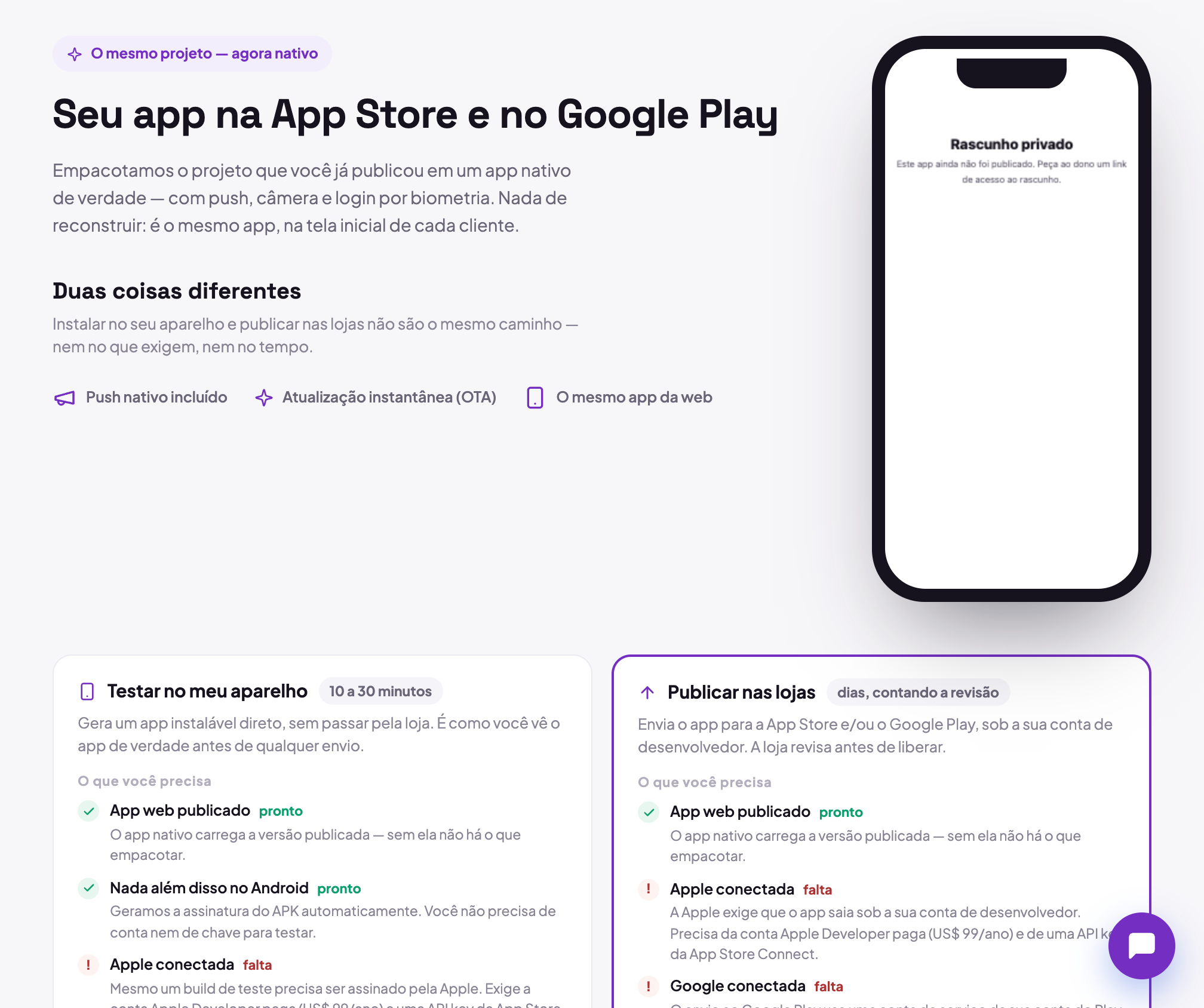 A aba Aplicativo do editor, com a chamada para transformar o projeto em app nativo e os dois caminhos possíveis: gerar um build de teste para instalar no aparelho ou publicar nas lojas.
