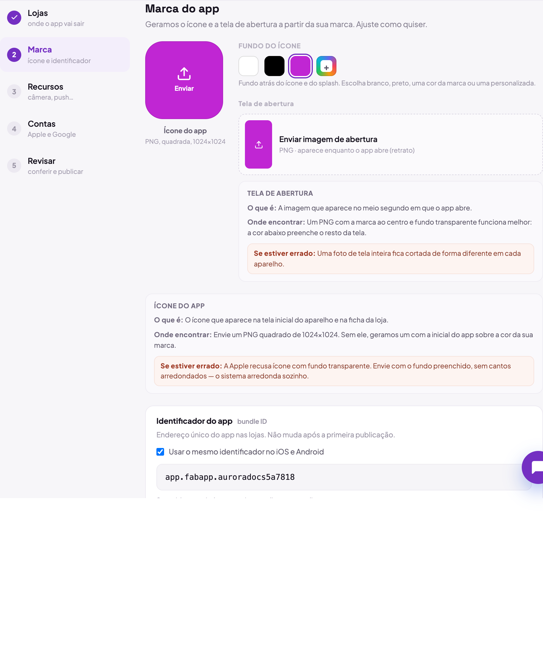O passo Marca do assistente, com o ícone do app, a cor de fundo e o identificador sugerido, ao lado da coluna que numera os cinco passos da configuração.
