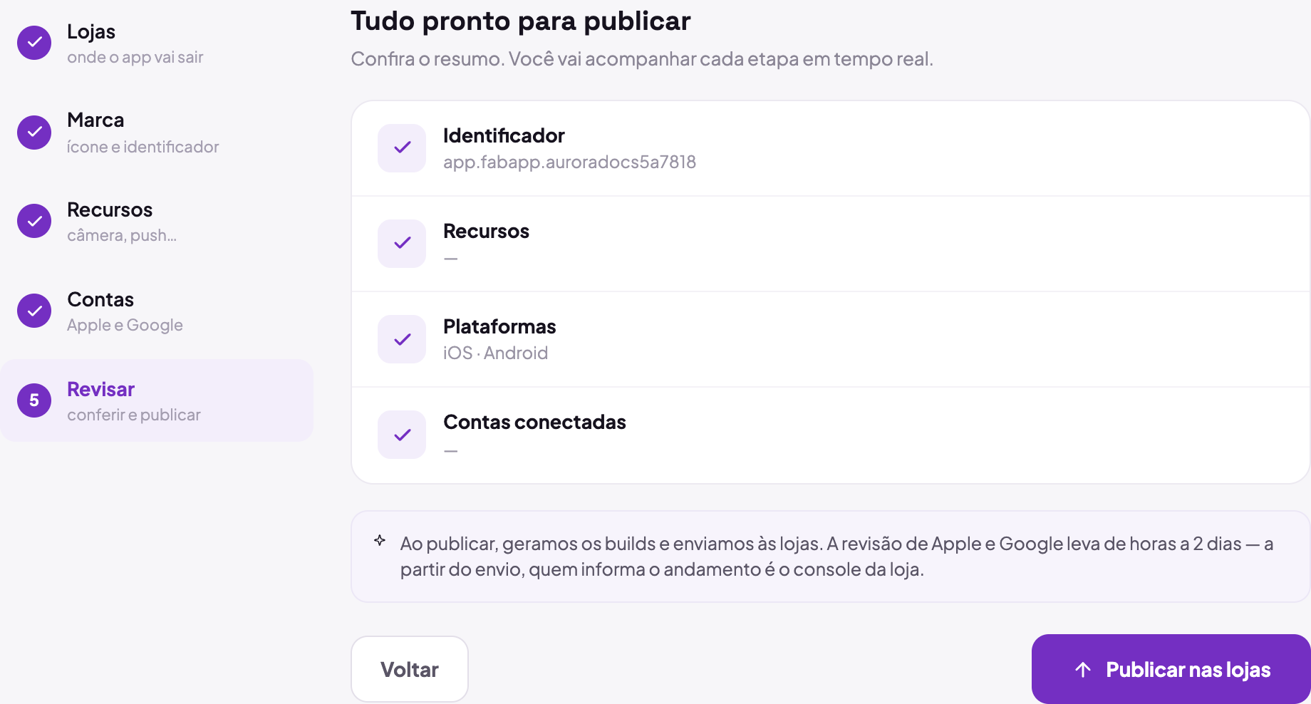 O passo Revisar do assistente, com o resumo do identificador, dos recursos ativados, das lojas escolhidas e das contas conectadas, acima do botão que publica nas lojas.