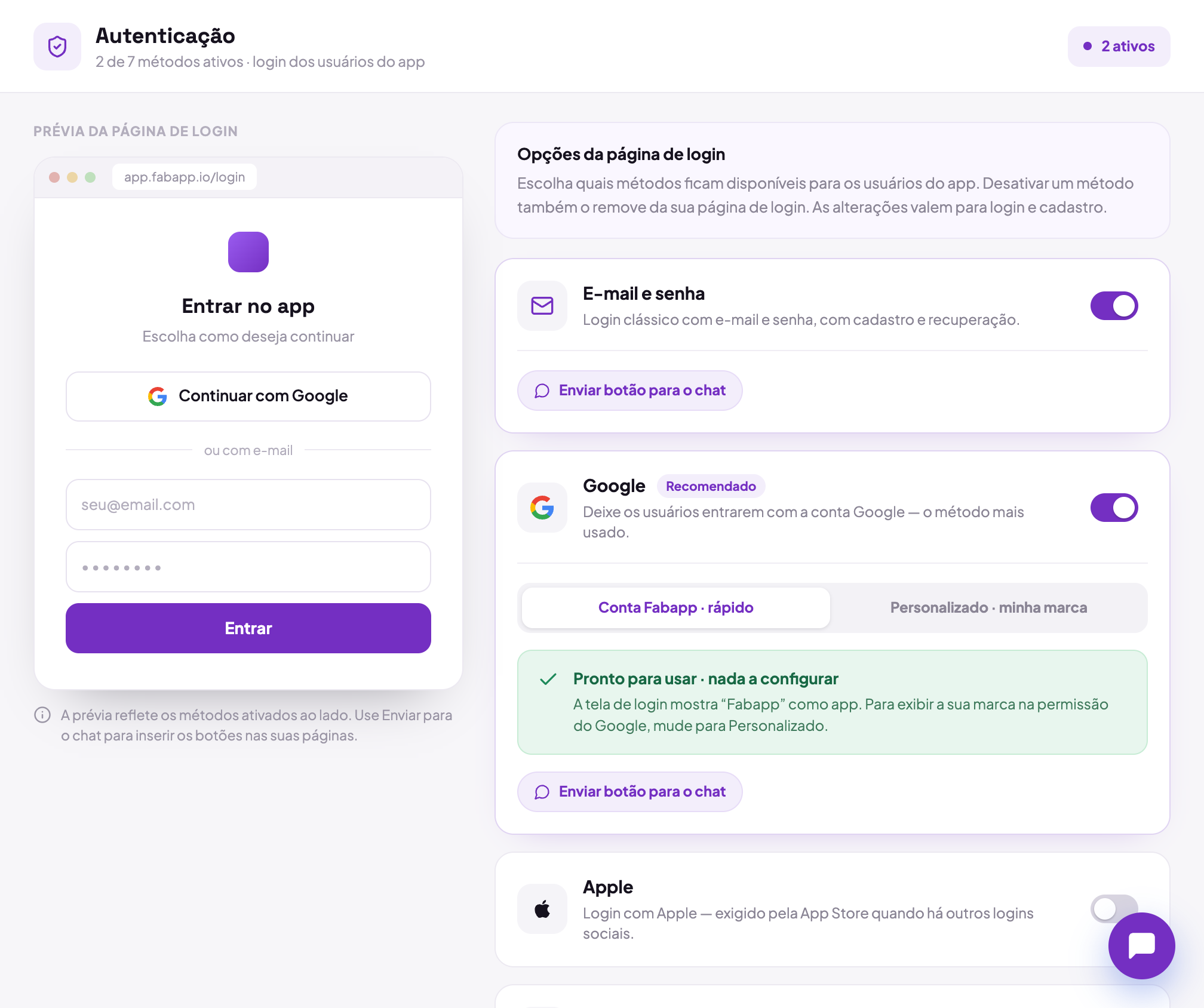 A aba Autenticação do editor, com as opções de entrada por e-mail e senha e os provedores de login social.