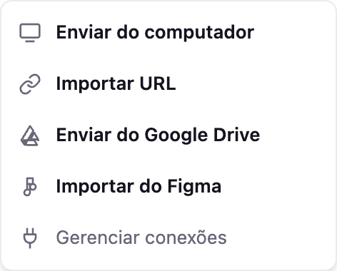 O menu de anexo aberto no chat, com as origens disponíveis: o computador, um endereço da web, o Google Drive e o Figma.